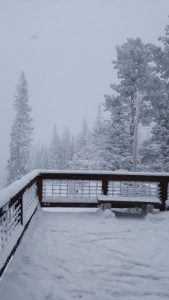 from the ski lodge deck on a beautiful ski day